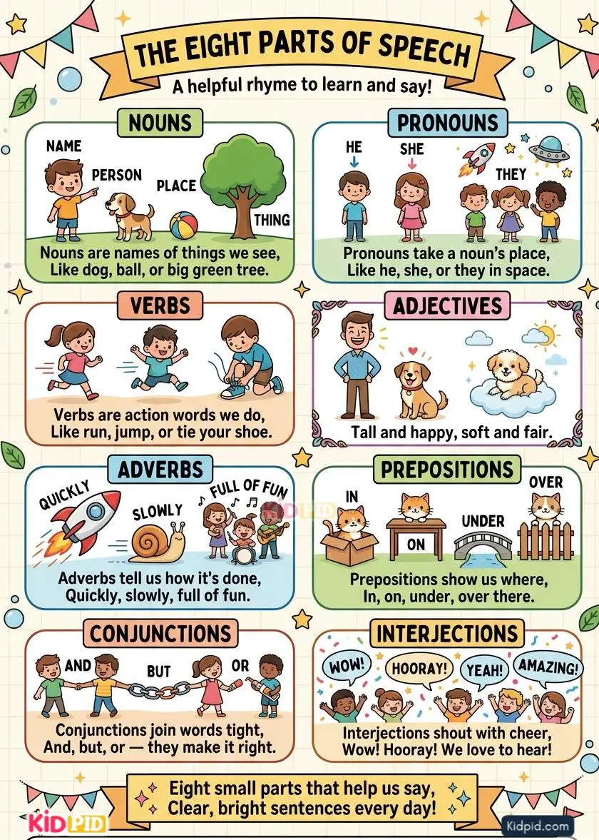 Colorful parts of speech rhyme chart for kids explaining nouns, pronouns, verbs, adjectives, adverbs, prepositions, conjunctions, and interjections with examples.