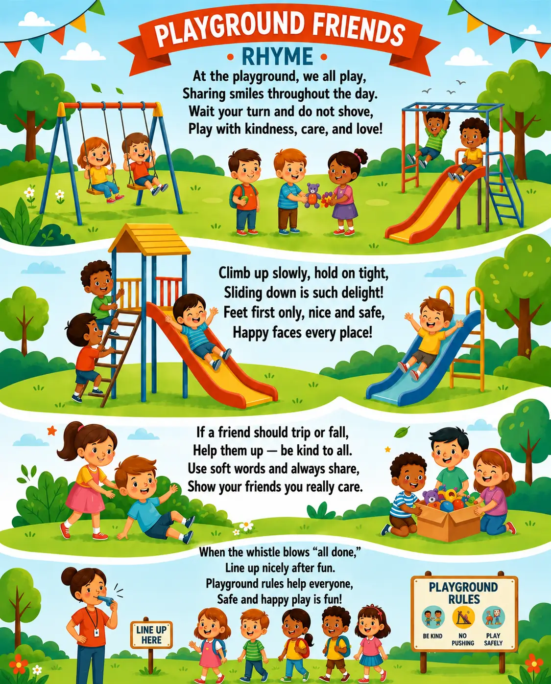Illustrated playground safety rhyme showing children sharing, taking turns, helping friends, and following playground rules.