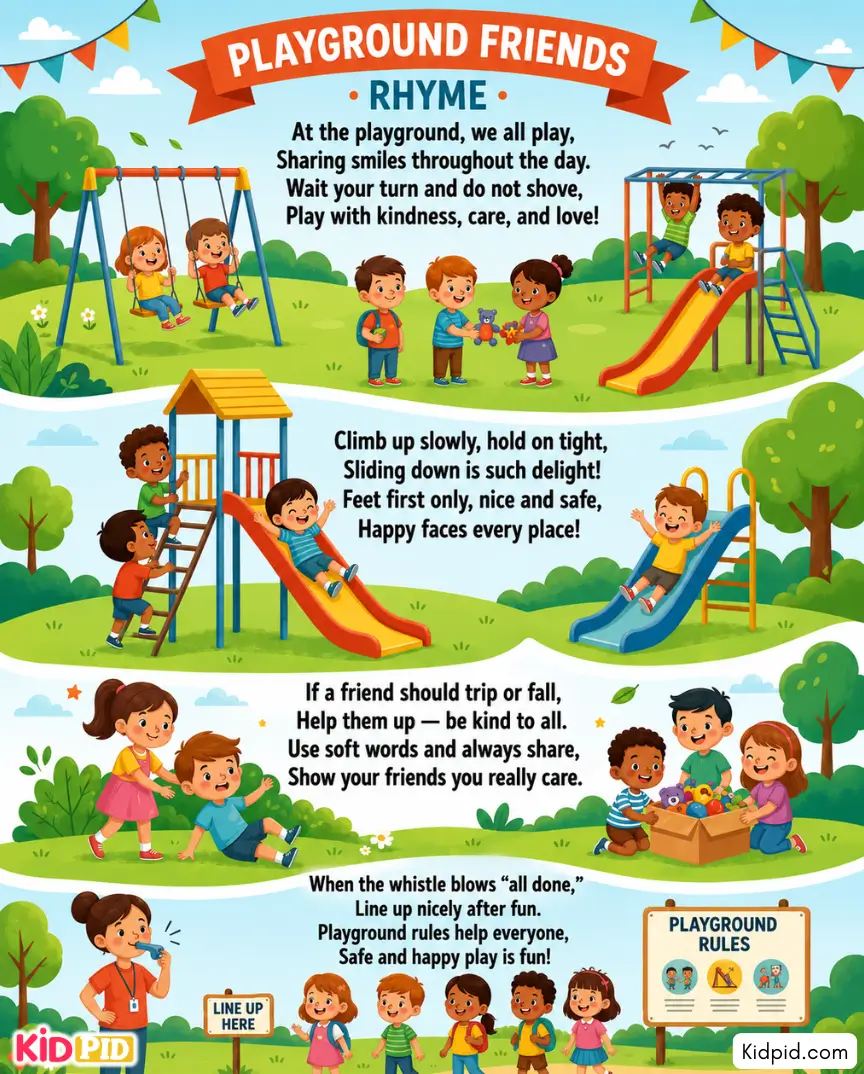 Illustrated playground friends rhyme featuring children sharing, taking turns, playing safely, helping friends, and following playground rules.
