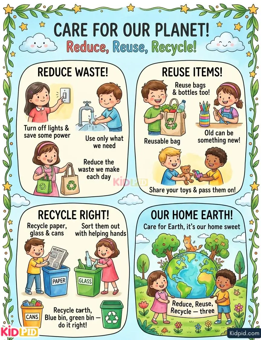 Colorful educational poster for children teaching environmental care through reduce, reuse, and recycle activities, featuring kids saving energy, reusing items, recycling waste, and caring for Earth.