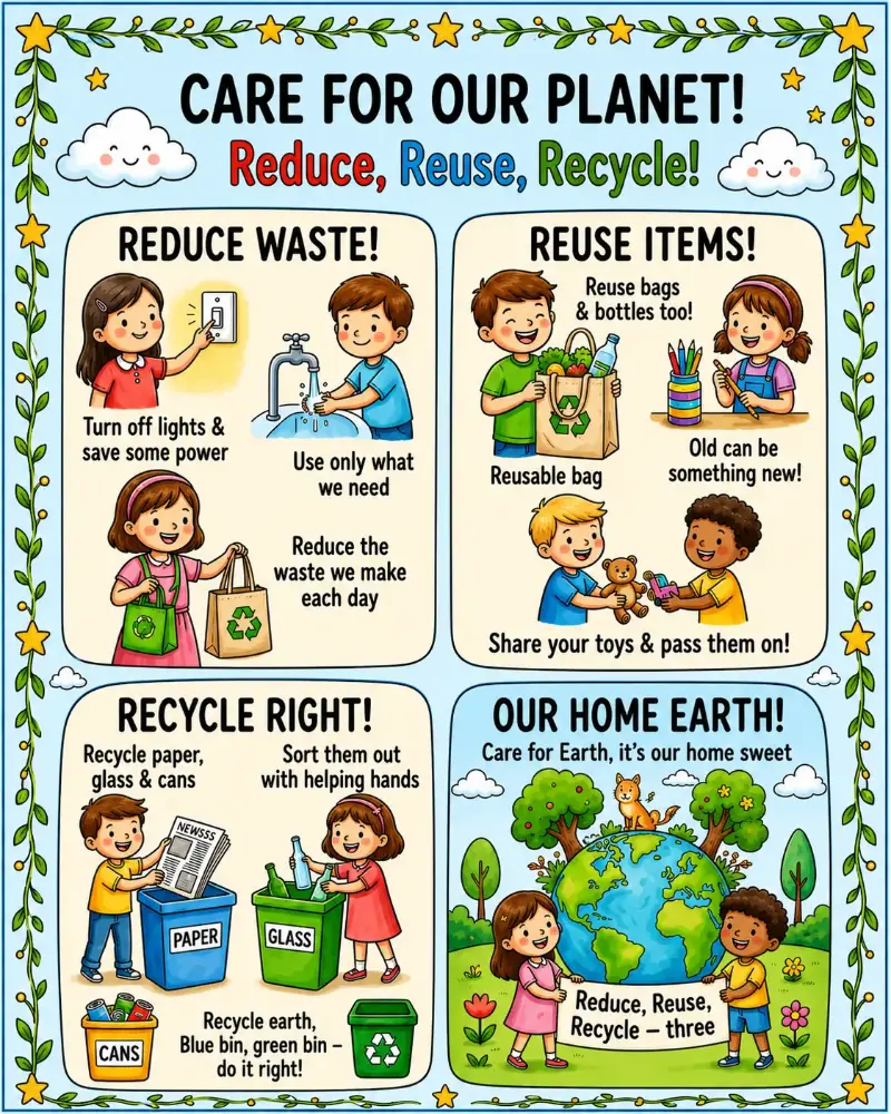 Educational poster showing children practicing reduce, reuse, and recycle habits to protect the Earth.