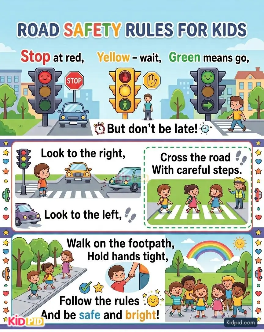 Colorful road safety rules rhyme poster for kids showing traffic lights, zebra crossing, footpath walking, and safe road-crossing habits.