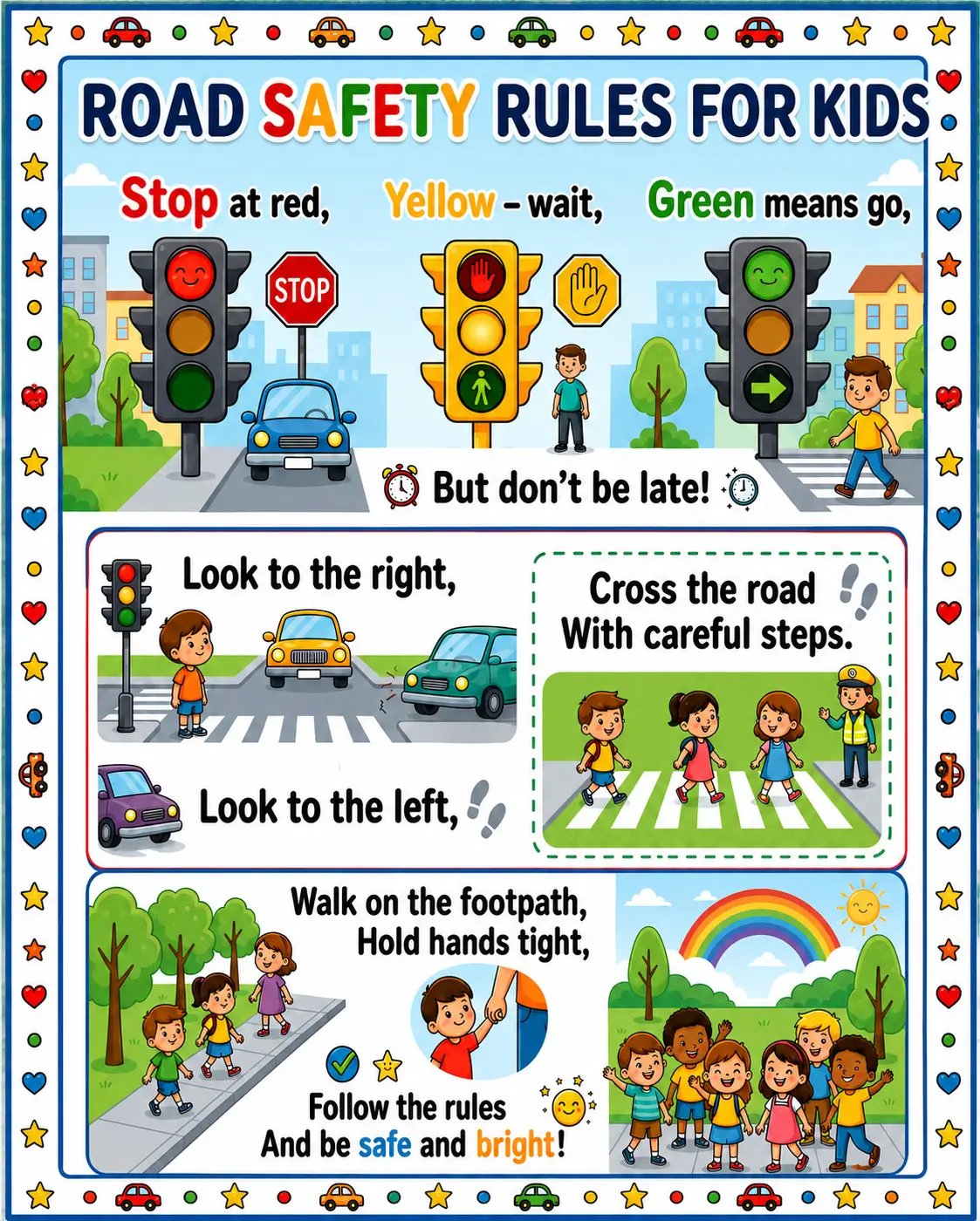 Colorful Road Safety Rules for Kids rhyme poster with traffic lights, pedestrian crossing, and road safety tips for children.
