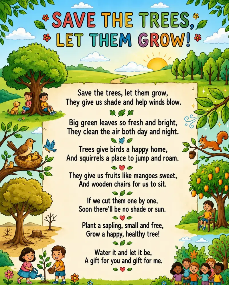 Colorful Save the Trees educational rhyme poster showing children planting trees, birds, squirrels, and nature with an environmental message.
