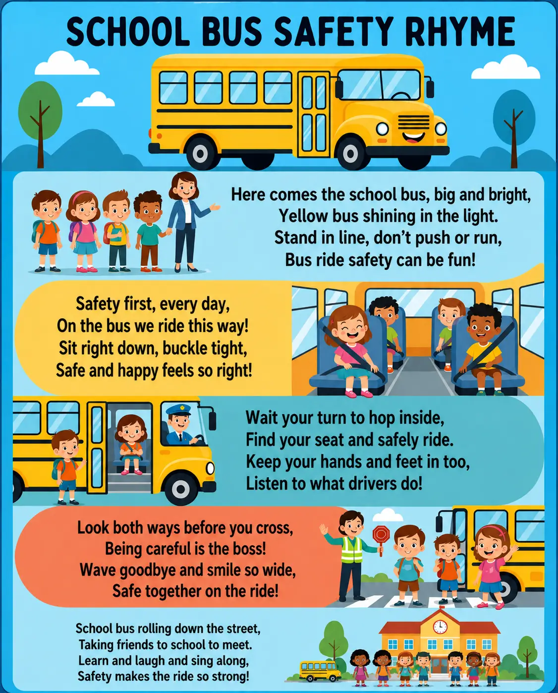 Educational School Bus Safety rhyme poster showing children boarding a school bus, sitting safely, and following bus safety rules.