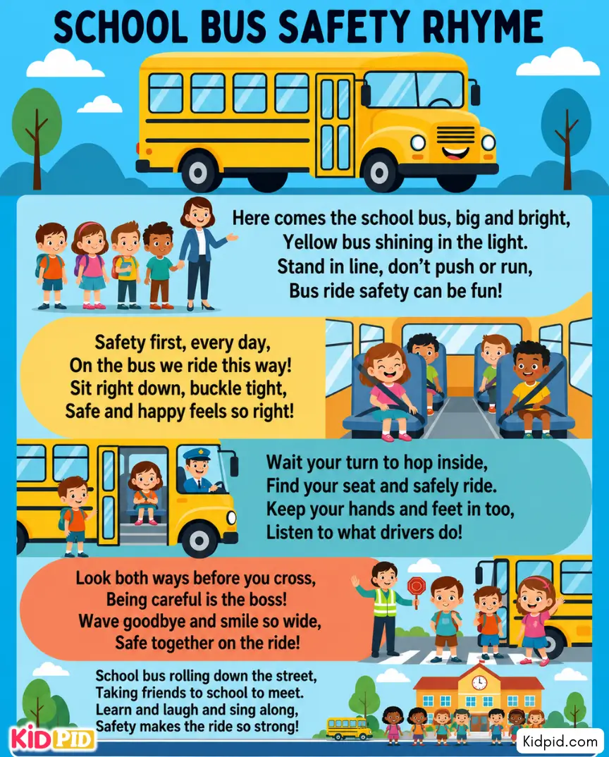 School Bus Safety rhyme poster showing children lining up, wearing seat belts, boarding safely, following the driver, and crossing the road carefully.