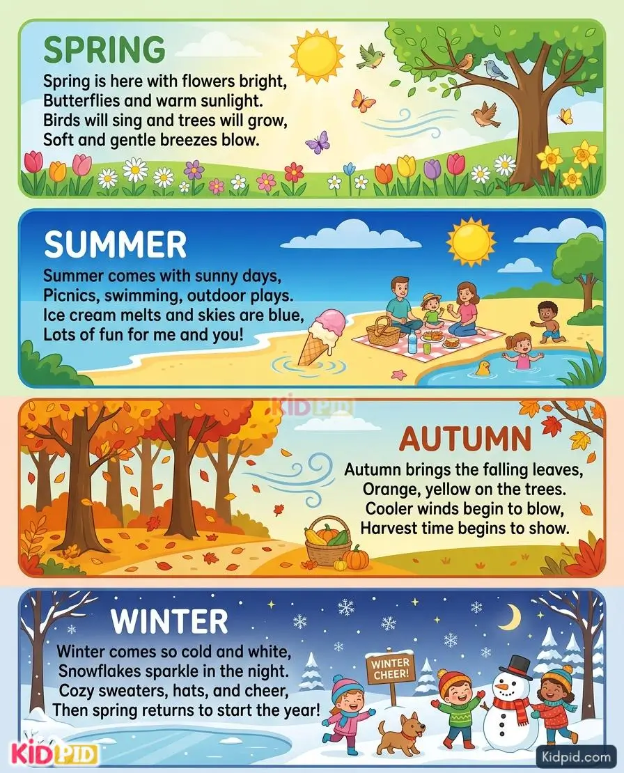 Colorful Seasons Rhyme for Kids poster showing Spring, Summer, Autumn, and Winter with illustrations of nature, weather, activities, and seasonal changes.