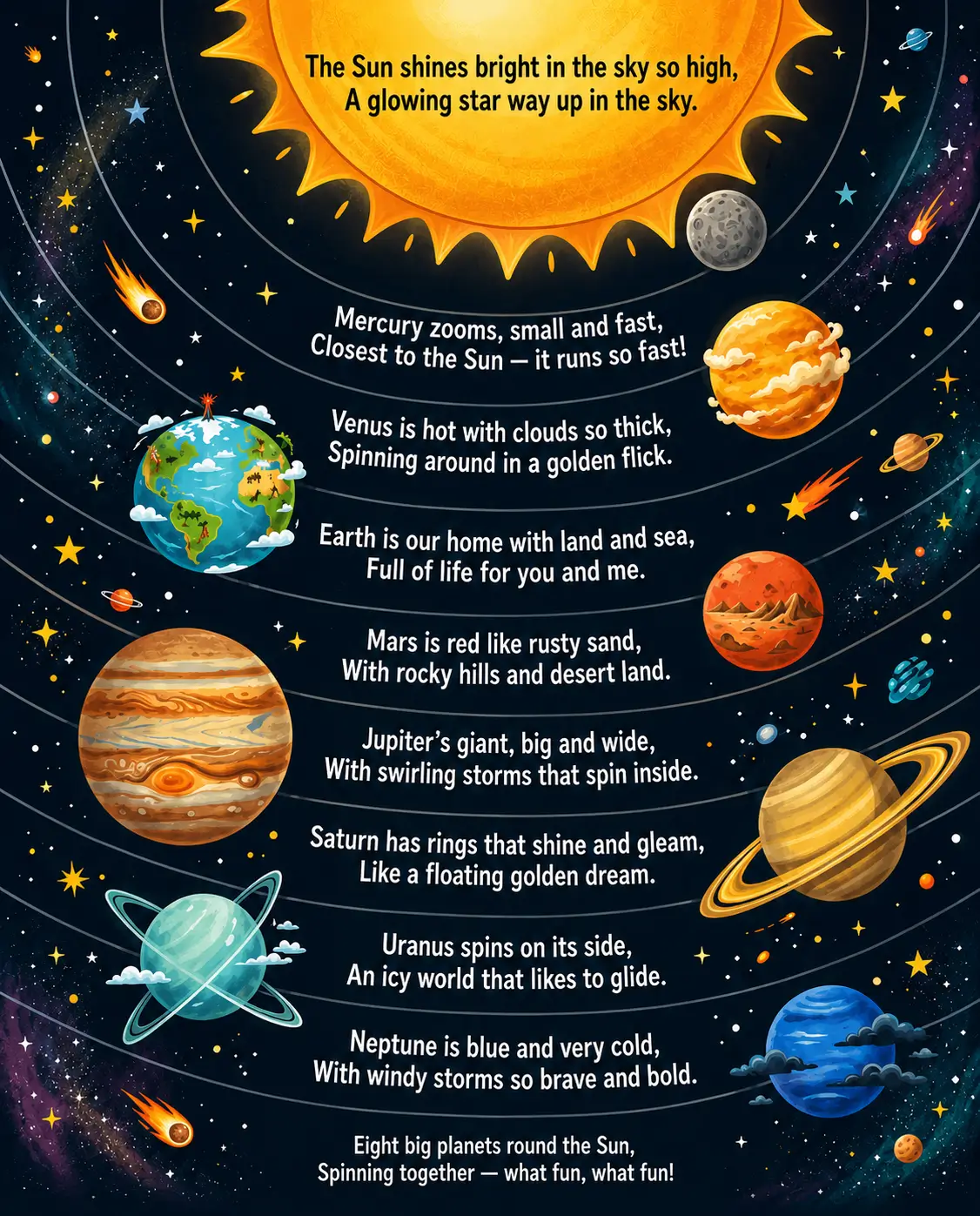Educational solar system rhyme poster featuring the Sun and all eight planets with simple facts for kids.