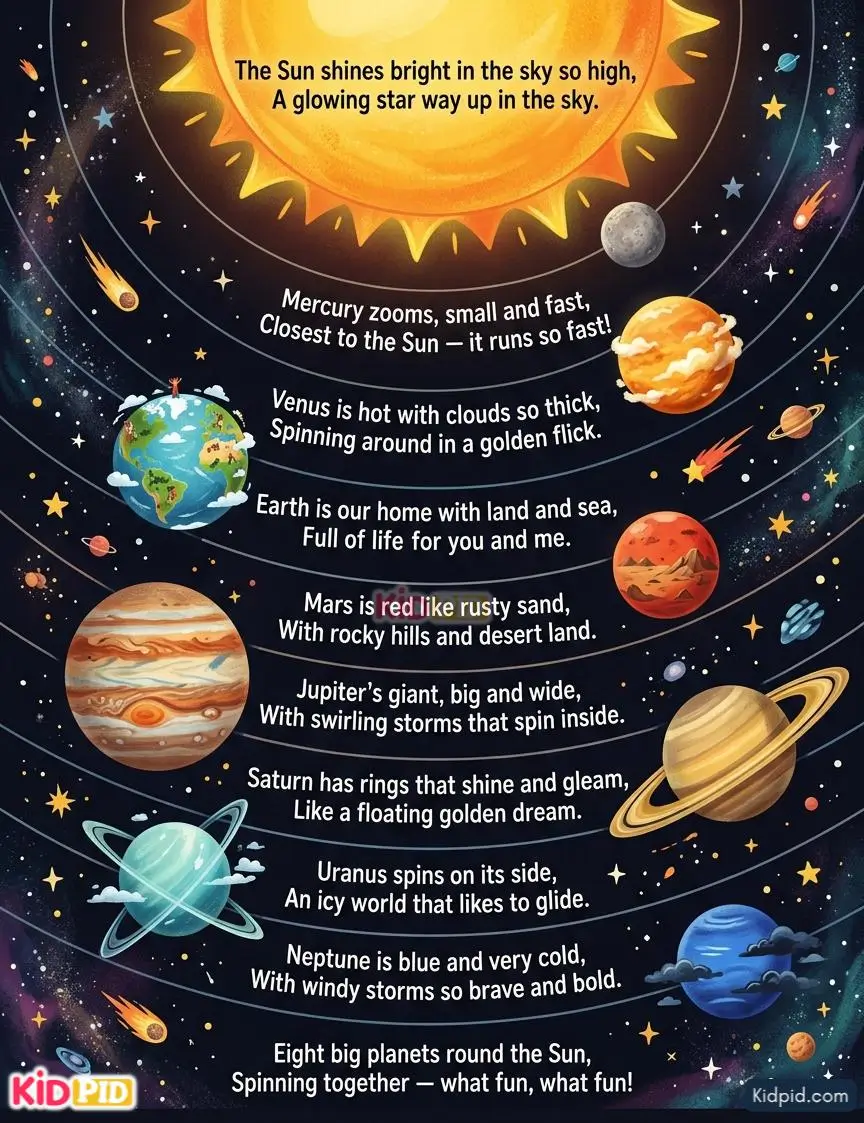 Colorful solar system rhyme poster showing the Sun and eight planets with educational poem lines for children in outer space.