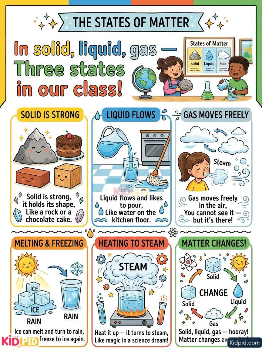 Colorful educational poster showing the three states of matter—solid, liquid, and gas—with simple rhymes, examples, and illustrations of melting, freezing, and steam formation for children.
