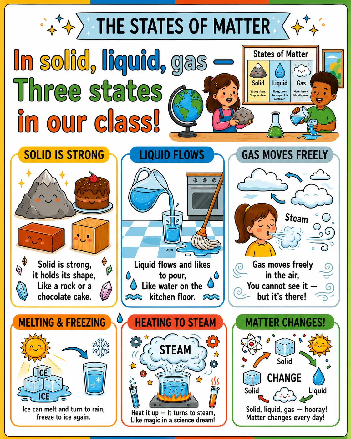 Educational States of Matter rhyme poster explaining solids, liquids, gases, melting, freezing, and steam with colorful illustrations.