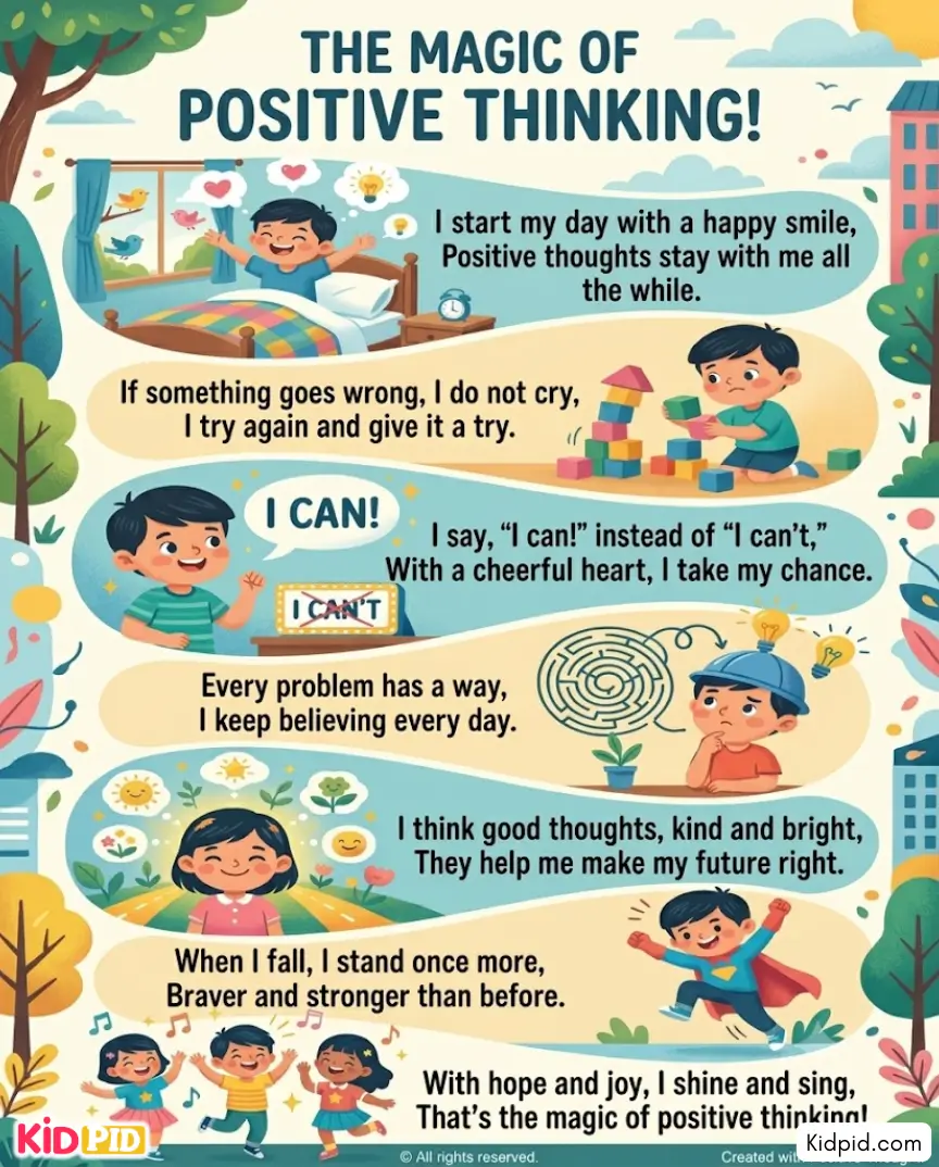 Colorful positive thinking rhyme poster featuring children smiling, solving problems, learning from mistakes, and building confidence through optimism.
