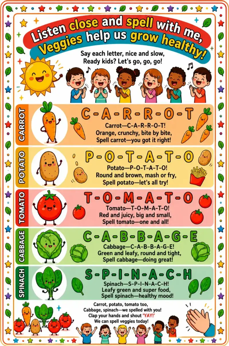 Educational vegetable spelling chart with carrot, potato, tomato, cabbage, and spinach rhymes designed for preschool and kindergarten children.