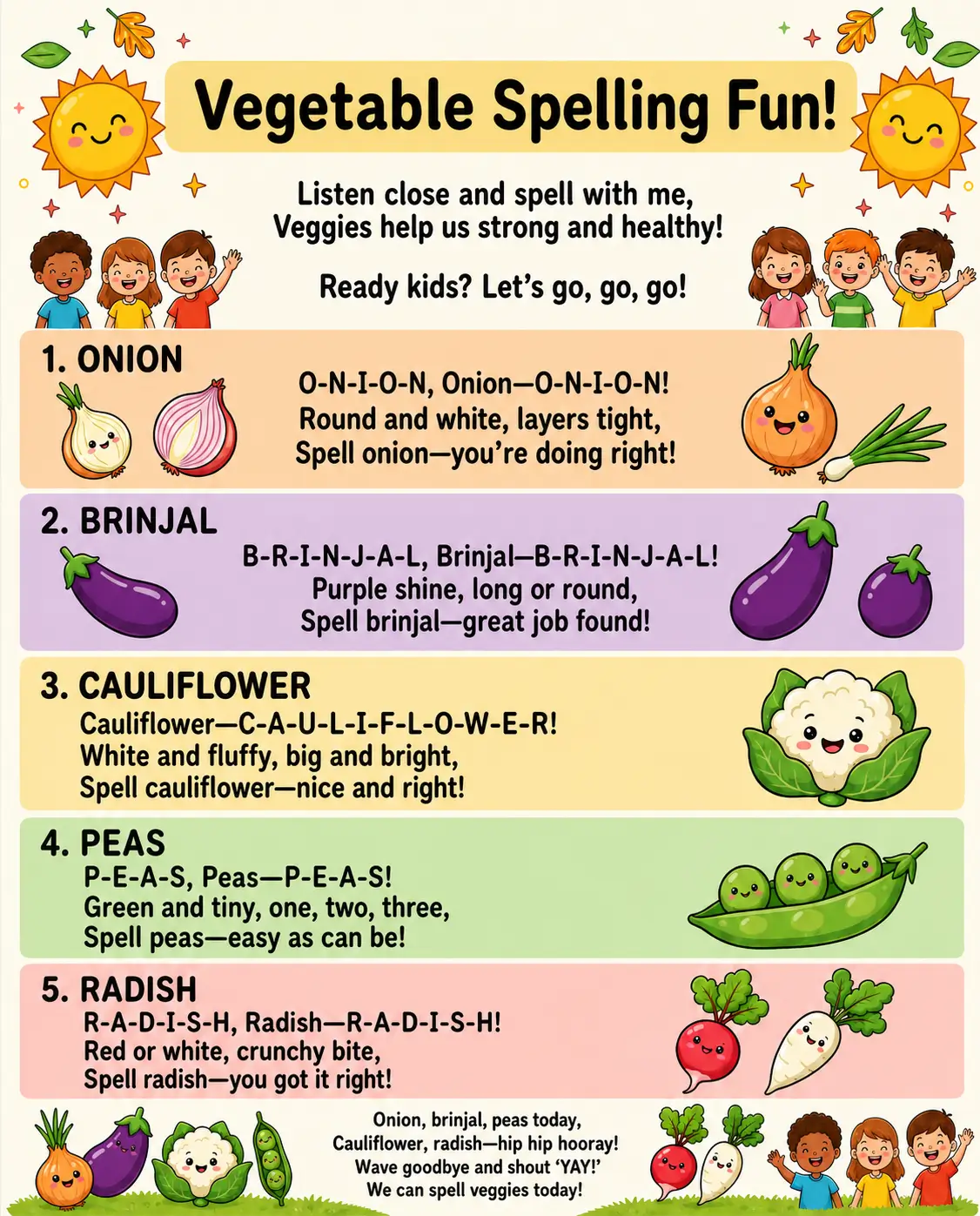 Colorful vegetable spelling rhyme poster featuring onion, brinjal, cauliflower, peas, and radish with fun illustrations and easy spelling chants for kids.