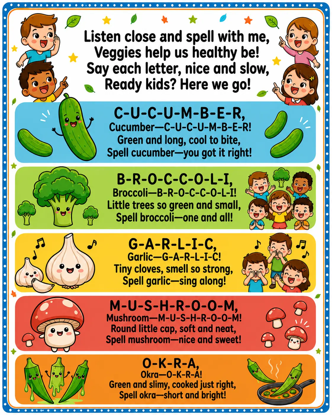 Educational vegetable spelling rhyme chart featuring cucumber, broccoli, garlic, mushroom, and okra with colorful illustrations for kids.