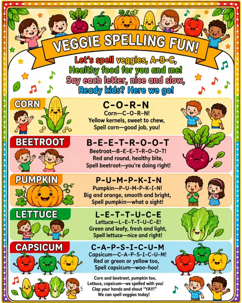 Colorful Veggie Spelling Fun rhyme poster featuring corn, beetroot, pumpkin, lettuce, and capsicum with simple spelling songs and happy cartoon children.