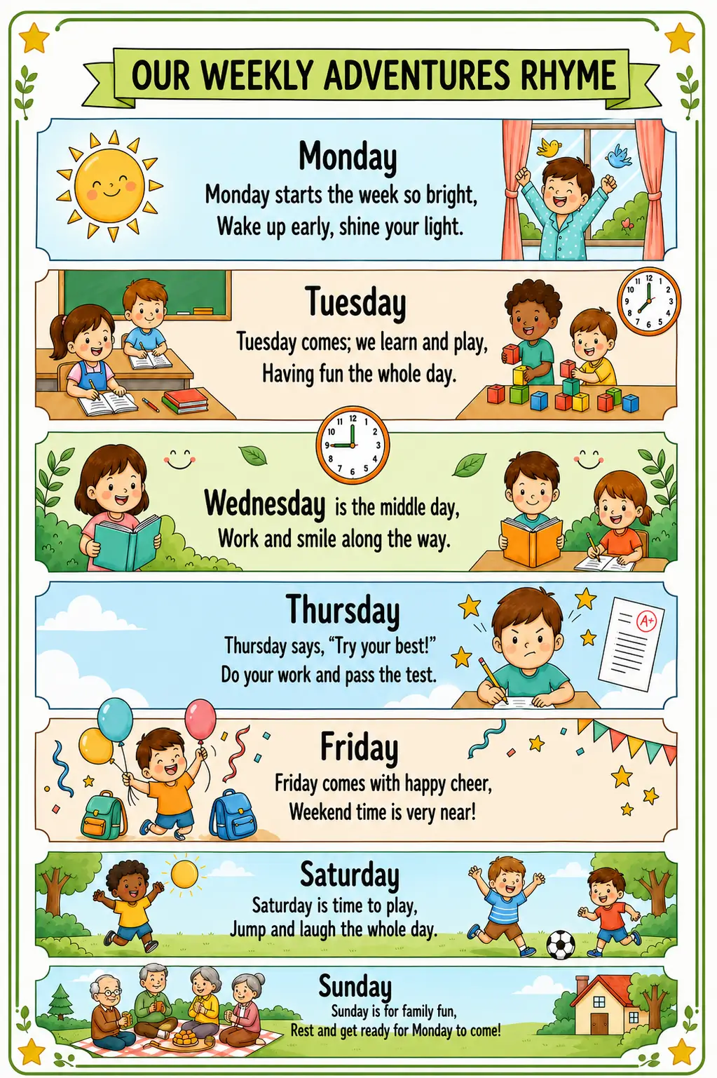 Colorful weekly adventures rhyme poster teaching children the days of the week with fun activities from Monday to Sunday.