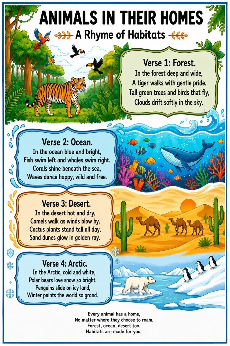Colorful educational rhyme poster showing forest, ocean, desert, and Arctic habitats with animals like a tiger, whale, camel, and polar bear.