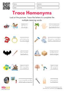 Trace Homonyms Worksheet For Kindergarten