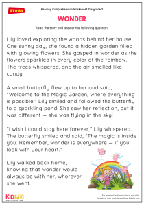 Wonder - Printable Reading Comprehension for Grade 3